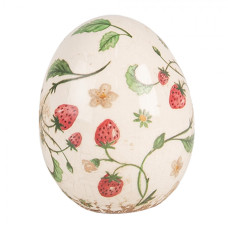 Béžovo-červená keramická figurka vejce s jahodami Wild Strawberries – 10x12 cm