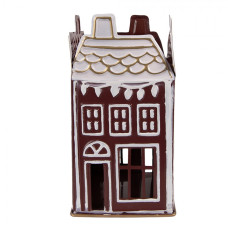 Červený kovový svícen na čajovou svíčku domeček – 12x12x22 cm