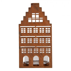Hnědý kovový svícen na čajovou svíčku domeček – 12x12x24 cm