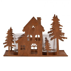 Hnědý kovový svícen na čajovou svíčku domeček – 20x8x12 cm