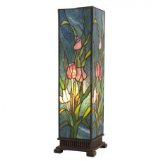 Modrá hranatá stolní lampa Tiffany s tulipány Toulipp – 17x17x58 cm