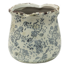 Retro béžový květináč se šedými květy Soleil M – 15x14 cm