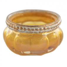 Žlutý skleněný svícen na čajovou svíčku s kovovým lemem – 6x4 cm
