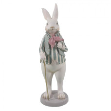 Velikonoční soška králíka v pruhovaném sáčku s hůlkou – 12x9x31 cm