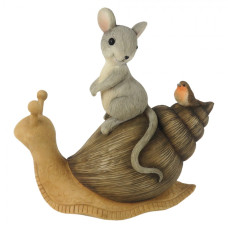Dekorace sedící myška s ptáčkem na šnekovi – 13x6x13 cm