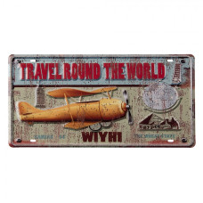 Nástěnná kovová cedule s letadlem Travel Round – 42x1x22 cm