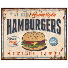 Béžová antik nástěnná kovová cedule Hamburgers – 25x1x20 cm