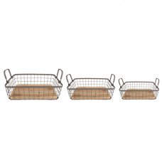 Set 3ks hnědý drátěný košík s dřevěným dnem a uchy Izaac – 38x28x11 / 33x23x10 / 28x18x9 cm