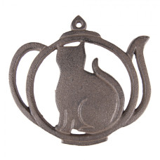 Litinová podložka pod konvici ve tvaru konvice s kočkou – 15x15x1 cm
