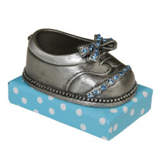 Dekorace malinká stříbrná botička s modrými kamínky – 4x6x4 cm